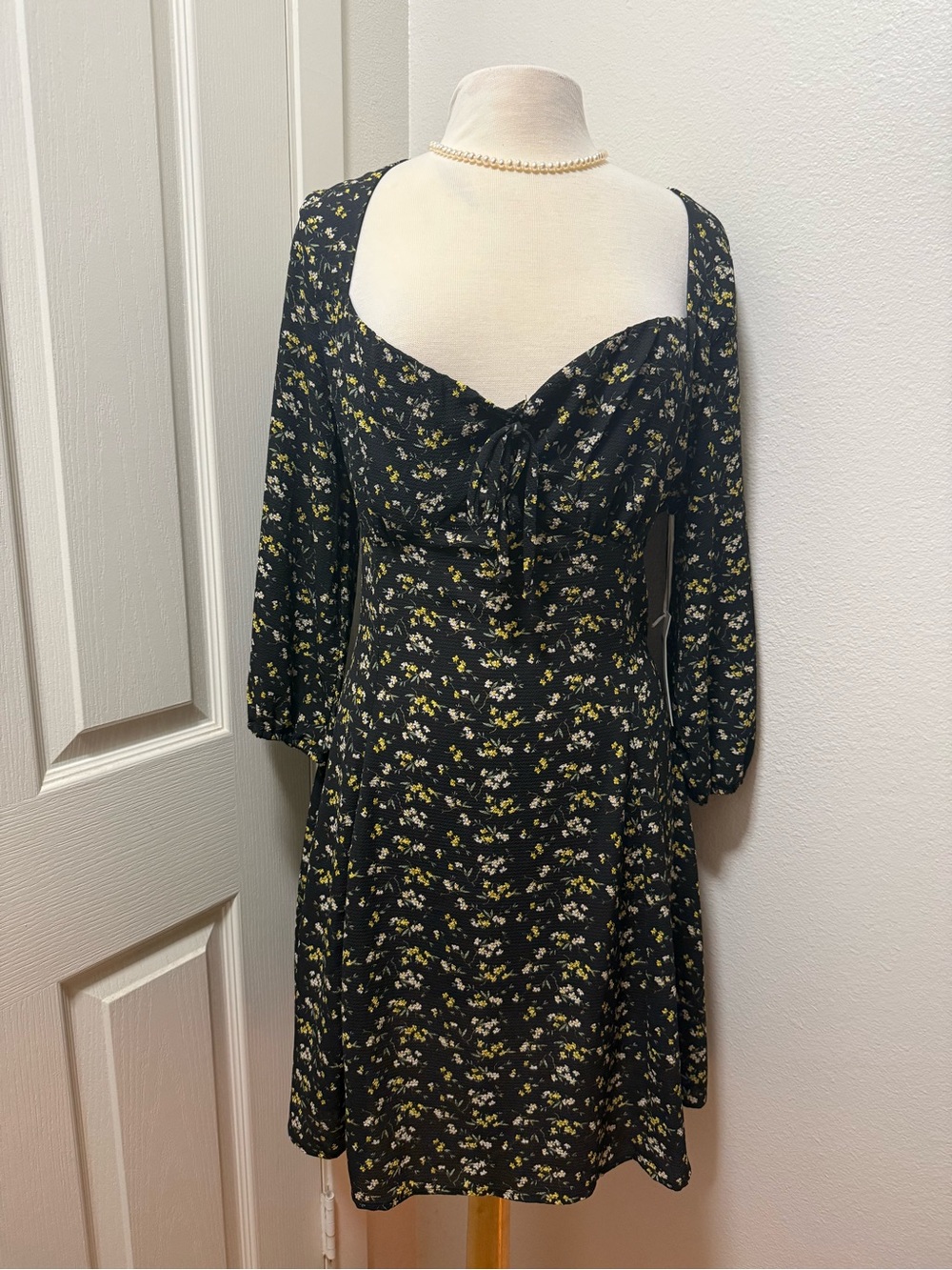 Purple Snow Black Floral Square-Neck Long-Sleeve Dress